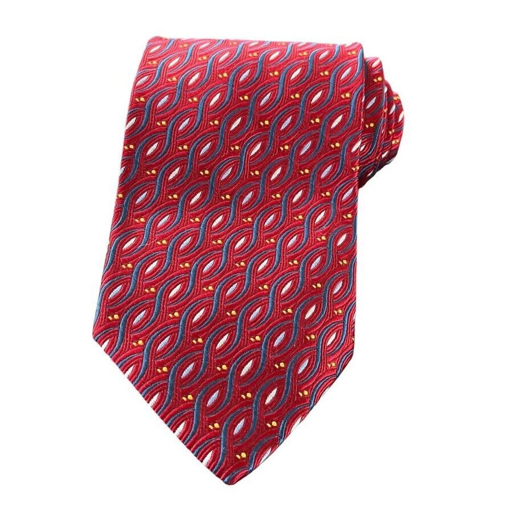 Jos A Bank Red Blue Mens 100% Silk Geometric Italy Mens Neck Tie 58" x 3.75"